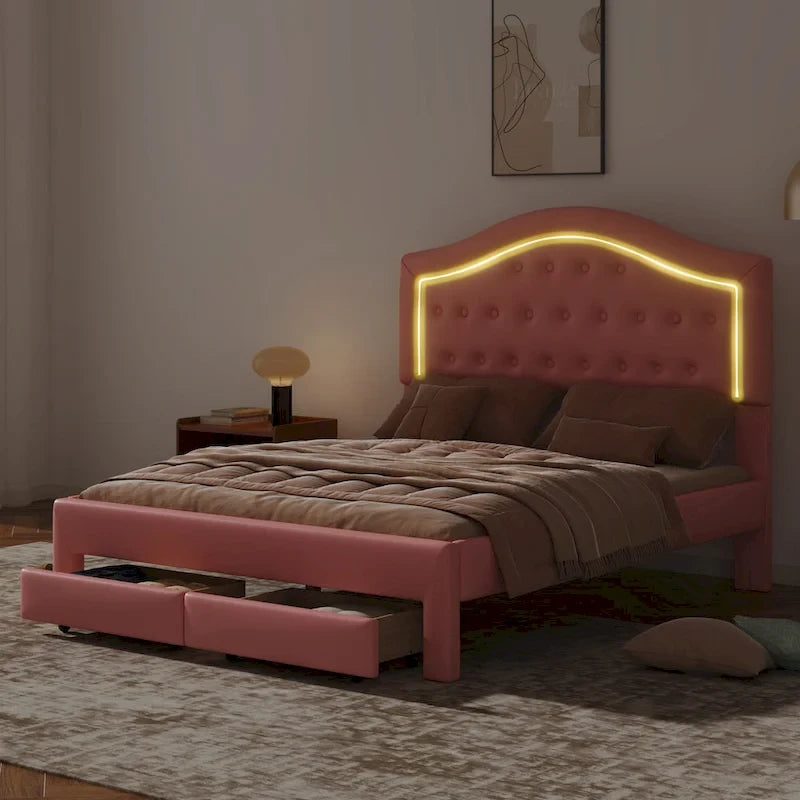 Upholstered Platform Bed – Tufted Headboard, LED Lighting & 2 Drawers