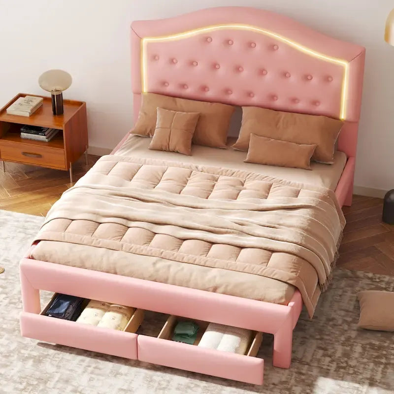 Upholstered Platform Bed – Tufted Headboard, LED Lighting & 2 Drawers