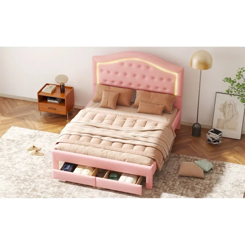 Upholstered Platform Bed – Tufted Headboard, LED Lighting & 2 Drawers