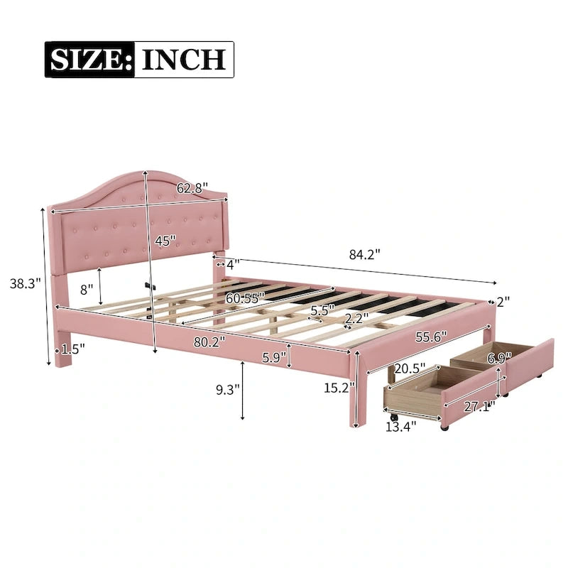 Upholstered Platform Bed – Tufted Headboard, LED Lighting & 2 Drawers
