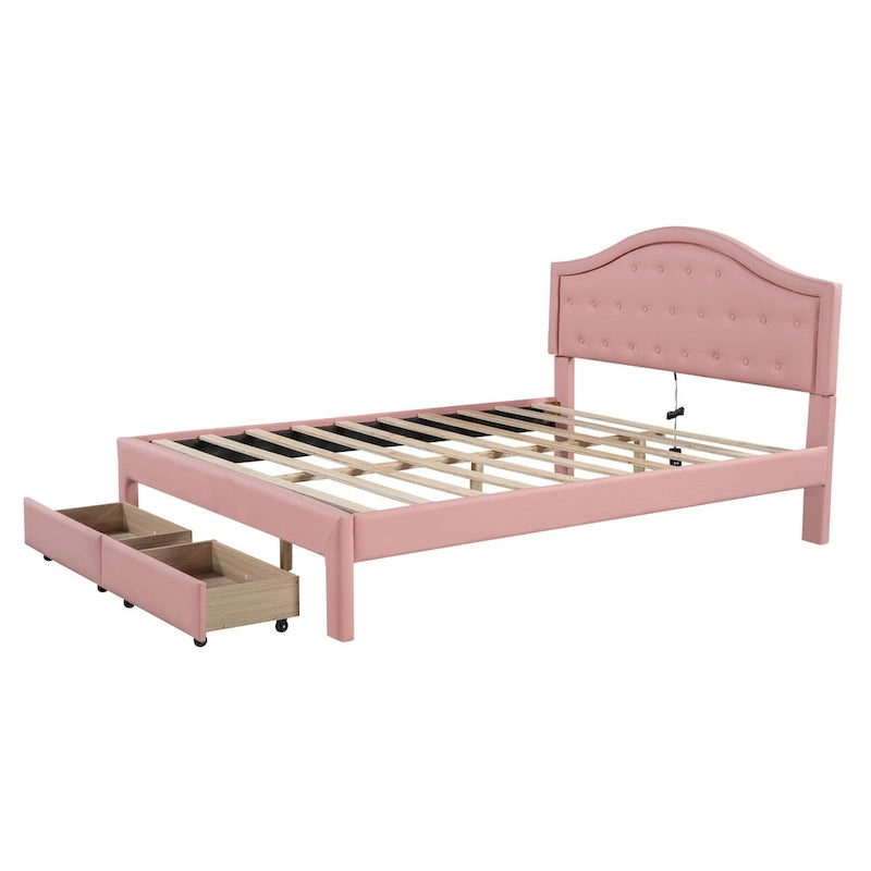 Upholstered Platform Bed – Tufted Headboard, LED Lighting & 2 Drawers