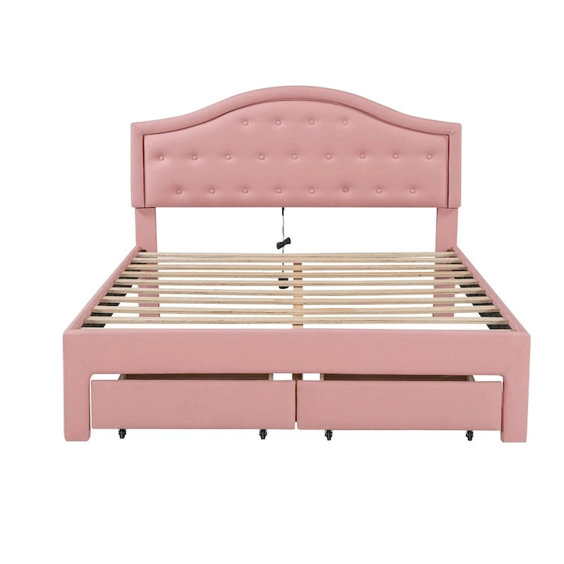 Upholstered Platform Bed – Tufted Headboard, LED Lighting & 2 Drawers