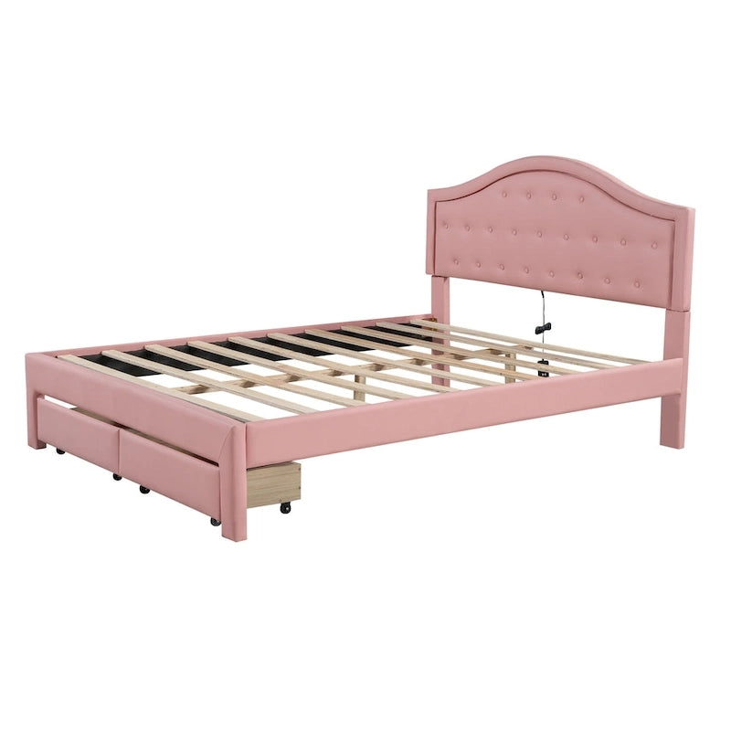 Upholstered Platform Bed – Tufted Headboard, LED Lighting & 2 Drawers