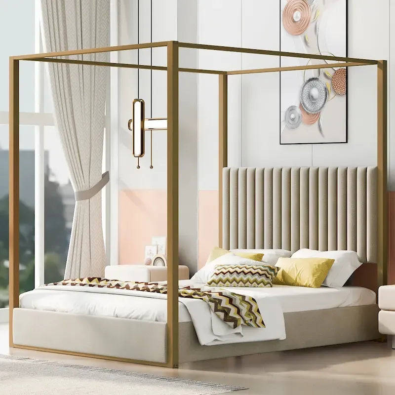Queen Linen Canopy Bed with Upholstered Headboard & Metal Frame