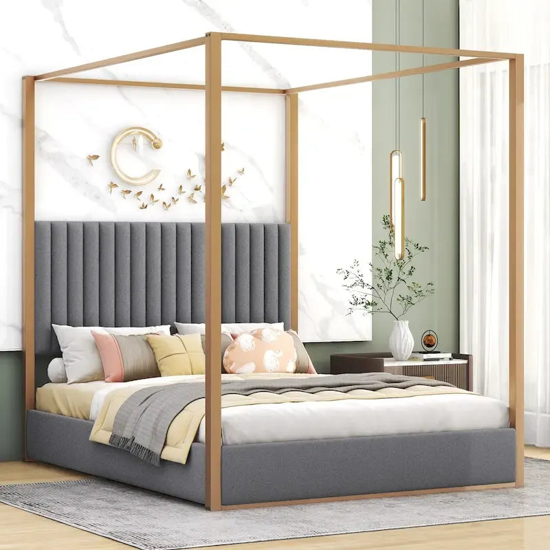 Queen Linen Canopy Bed with Upholstered Headboard & Metal Frame
