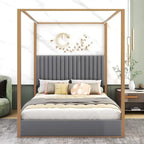 Queen Linen Canopy Bed with Upholstered Headboard & Metal Frame