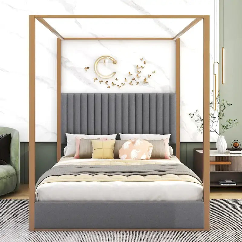 Queen Linen Canopy Bed with Upholstered Headboard & Metal Frame