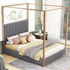 Queen Linen Canopy Bed with Upholstered Headboard & Metal Frame