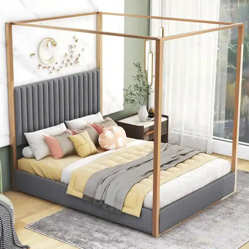 Queen Linen Canopy Bed with Upholstered Headboard & Metal Frame