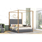Queen Linen Canopy Bed with Upholstered Headboard & Metal Frame