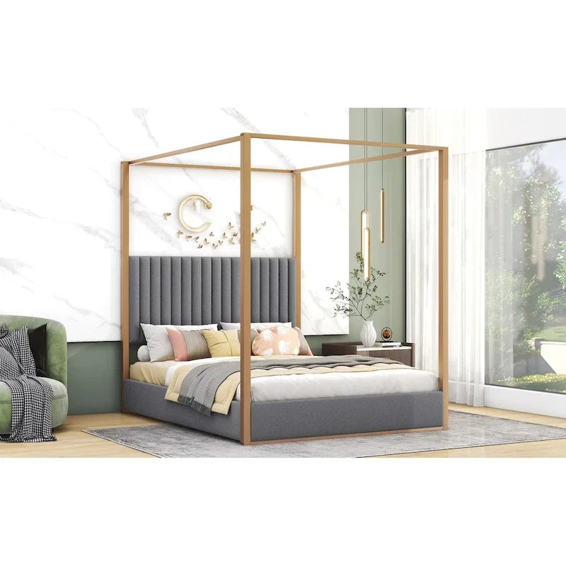 Queen Linen Canopy Bed with Upholstered Headboard & Metal Frame