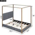 Queen Linen Canopy Bed with Upholstered Headboard & Metal Frame