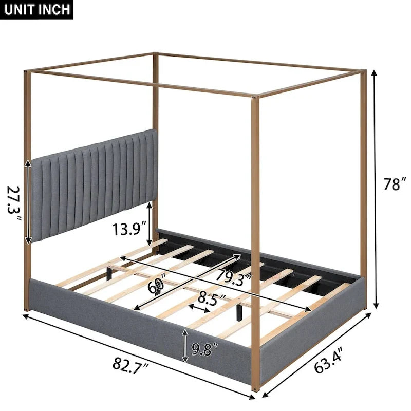 Queen Linen Canopy Bed with Upholstered Headboard & Metal Frame