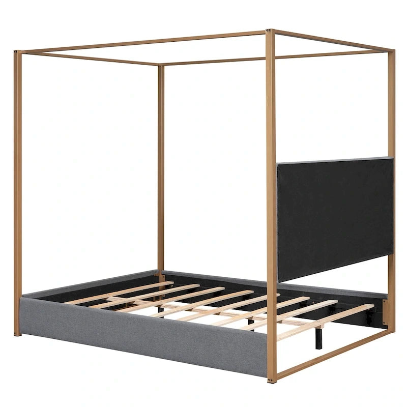 Queen Linen Canopy Bed with Upholstered Headboard & Metal Frame