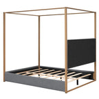 Queen Linen Canopy Bed with Upholstered Headboard & Metal Frame