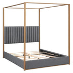 Queen Linen Canopy Bed with Upholstered Headboard & Metal Frame
