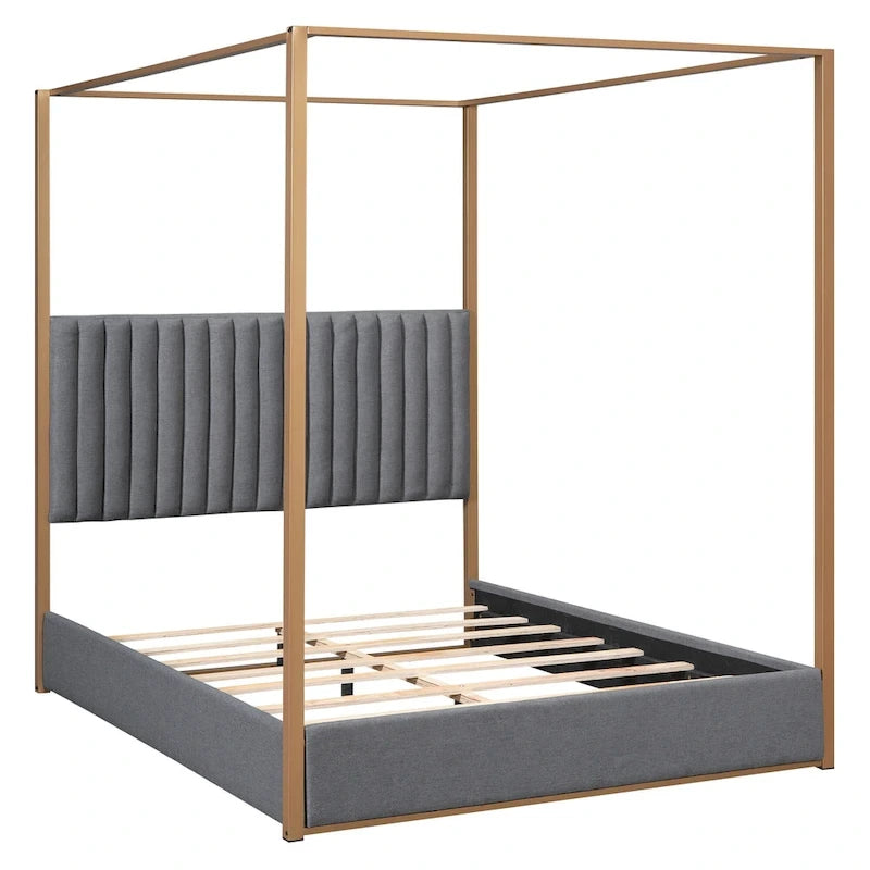 Queen Linen Canopy Bed with Upholstered Headboard & Metal Frame