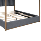 Queen Linen Canopy Bed with Upholstered Headboard & Metal Frame