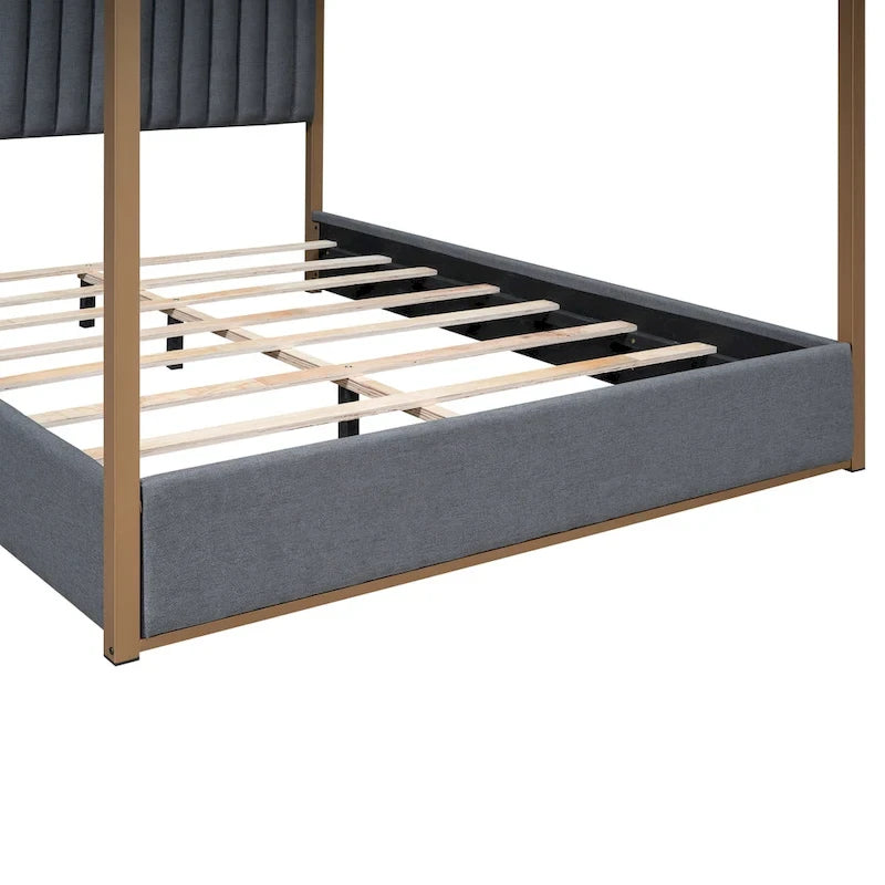 Queen Linen Canopy Bed with Upholstered Headboard & Metal Frame