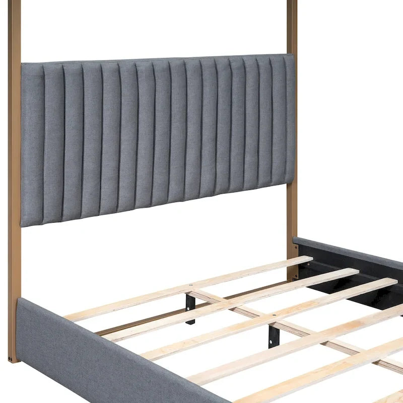 Queen Linen Canopy Bed with Upholstered Headboard & Metal Frame