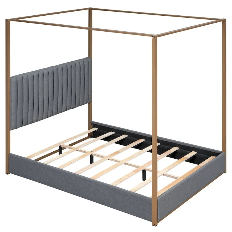 Queen Linen Canopy Bed with Upholstered Headboard & Metal Frame