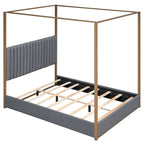Queen Linen Canopy Bed with Upholstered Headboard & Metal Frame