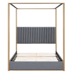 Queen Linen Canopy Bed with Upholstered Headboard & Metal Frame