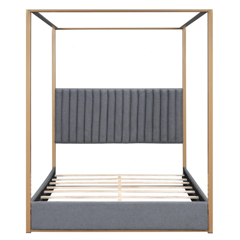 Queen Linen Canopy Bed with Upholstered Headboard & Metal Frame
