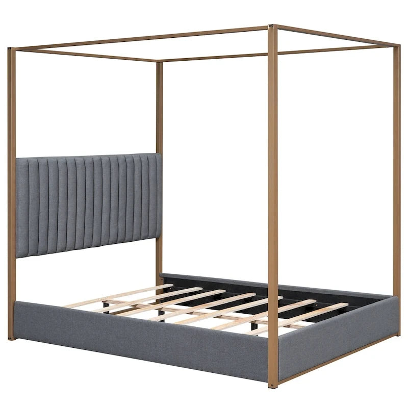 Queen Linen Canopy Bed with Upholstered Headboard & Metal Frame