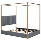 Queen Linen Canopy Bed with Upholstered Headboard & Metal Frame