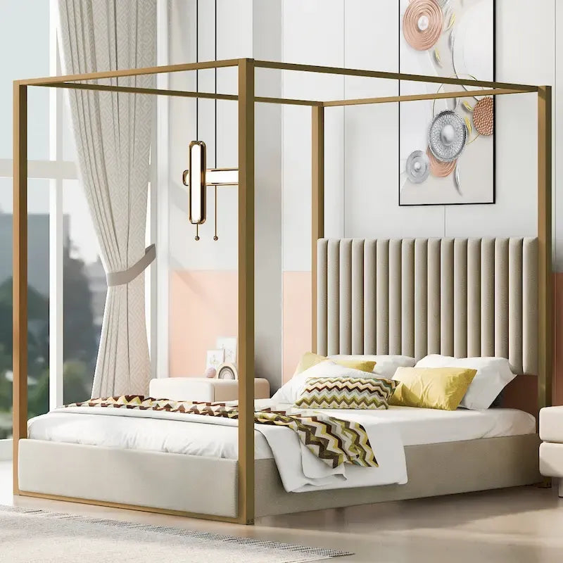 Queen Linen Canopy Bed with Upholstered Headboard & Metal Frame
