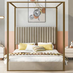 Queen Linen Canopy Bed with Upholstered Headboard & Metal Frame