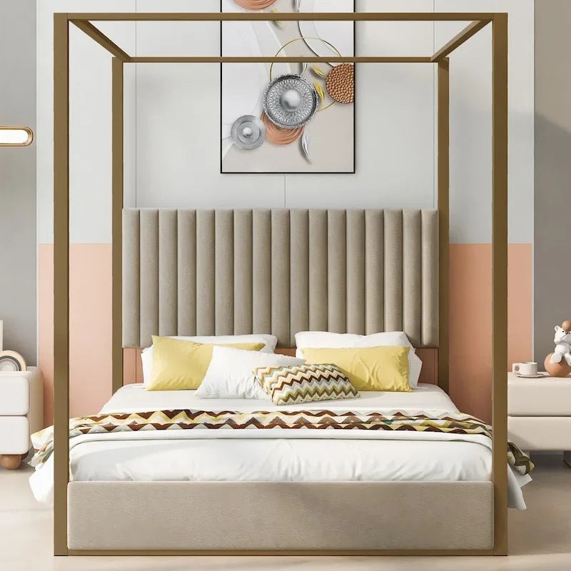 Queen Linen Canopy Bed with Upholstered Headboard & Metal Frame