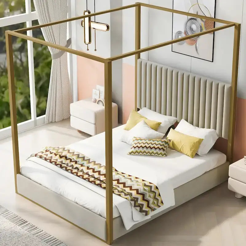 Queen Linen Canopy Bed with Upholstered Headboard & Metal Frame
