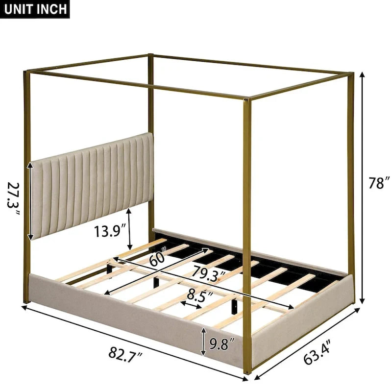 Queen Linen Canopy Bed with Upholstered Headboard & Metal Frame