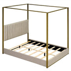 Queen Linen Canopy Bed with Upholstered Headboard & Metal Frame