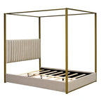 Queen Linen Canopy Bed with Upholstered Headboard & Metal Frame