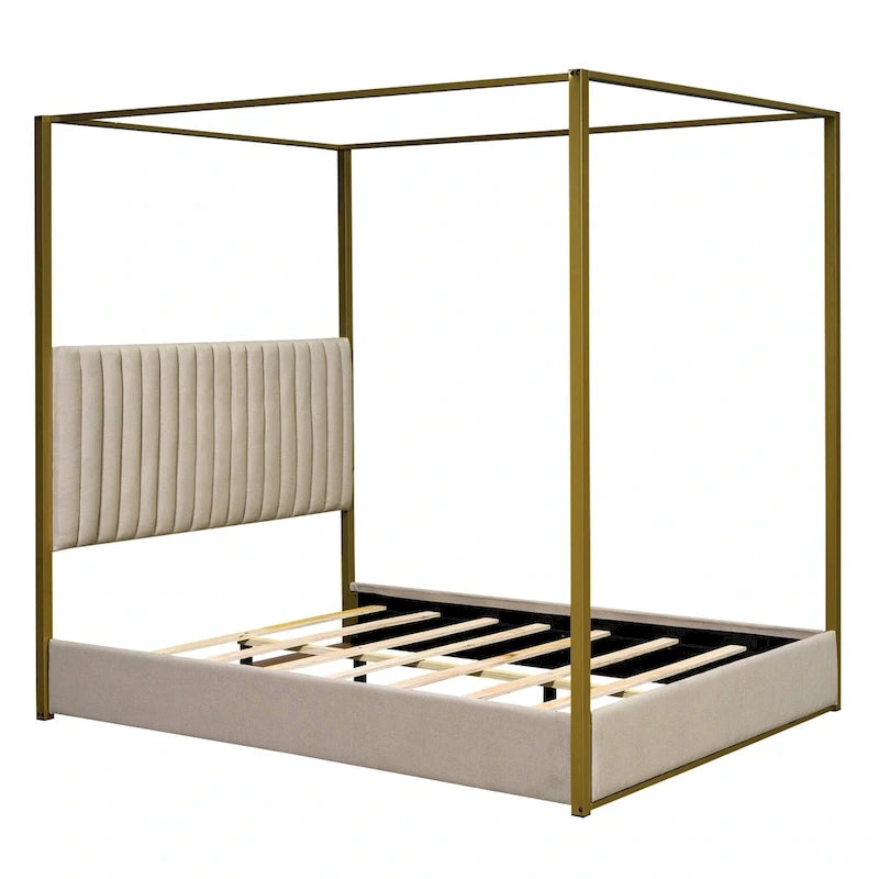 Queen Linen Canopy Bed with Upholstered Headboard & Metal Frame