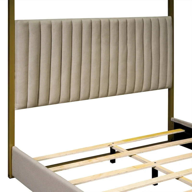Queen Linen Canopy Bed with Upholstered Headboard & Metal Frame