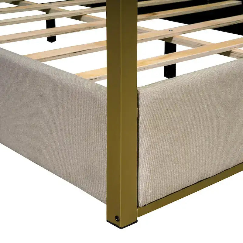 Queen Linen Canopy Bed with Upholstered Headboard & Metal Frame
