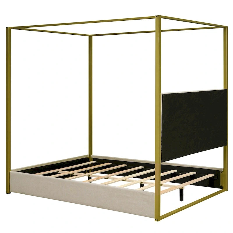 Queen Linen Canopy Bed with Upholstered Headboard & Metal Frame