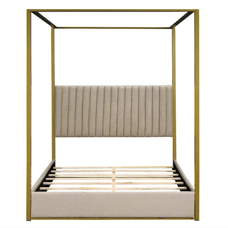 Queen Linen Canopy Bed with Upholstered Headboard & Metal Frame