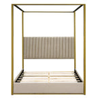 Queen Linen Canopy Bed with Upholstered Headboard & Metal Frame
