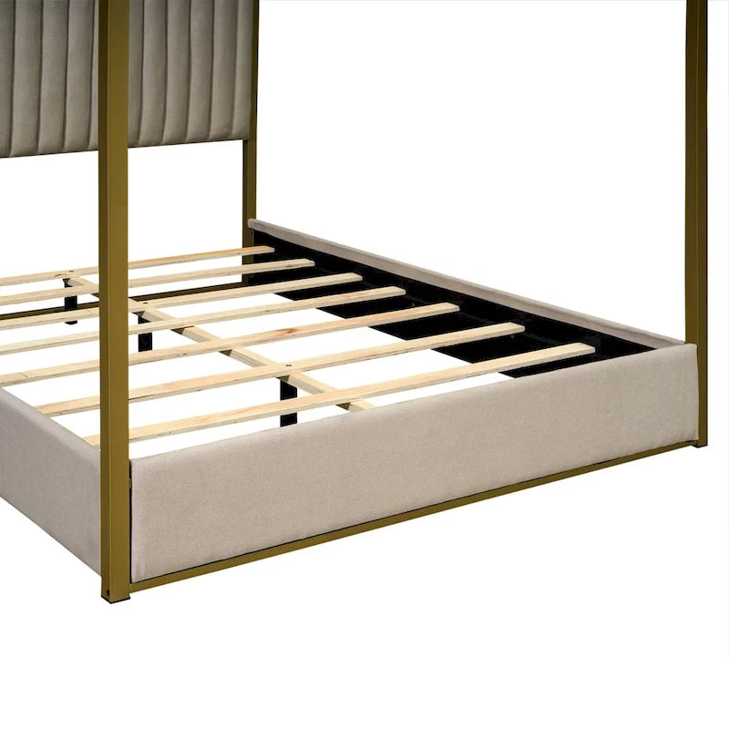 Queen Linen Canopy Bed with Upholstered Headboard & Metal Frame