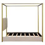 Queen Linen Canopy Bed with Upholstered Headboard & Metal Frame