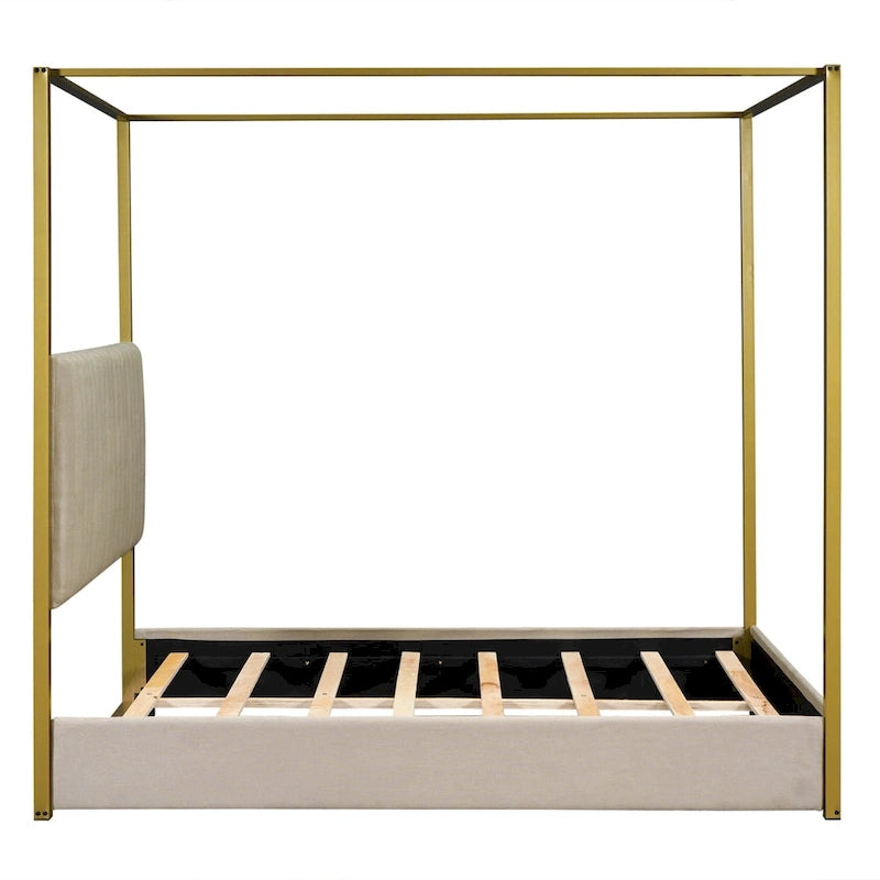 Queen Linen Canopy Bed with Upholstered Headboard & Metal Frame