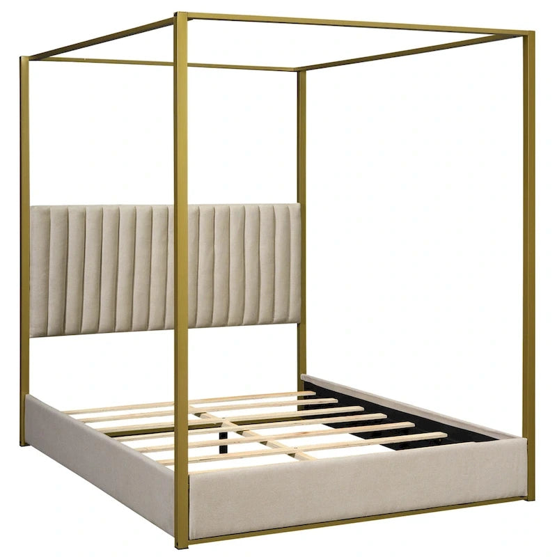 Queen Linen Canopy Bed with Upholstered Headboard & Metal Frame