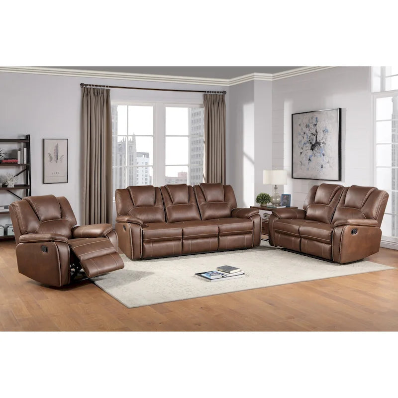 Faux Leather Manual Reclining 3-Piece Sofa Set | Sofa, Loveseat & Recliner
