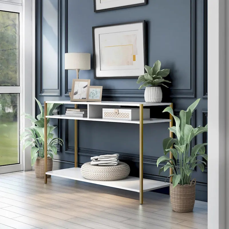 Glam 48-Inch Steel Console Table with 3 Shelves – Black