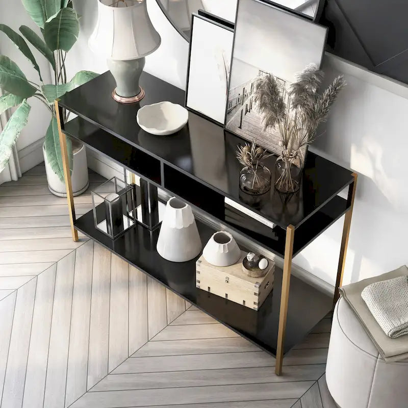 Glam 48-Inch Steel Console Table with 3 Shelves – Black